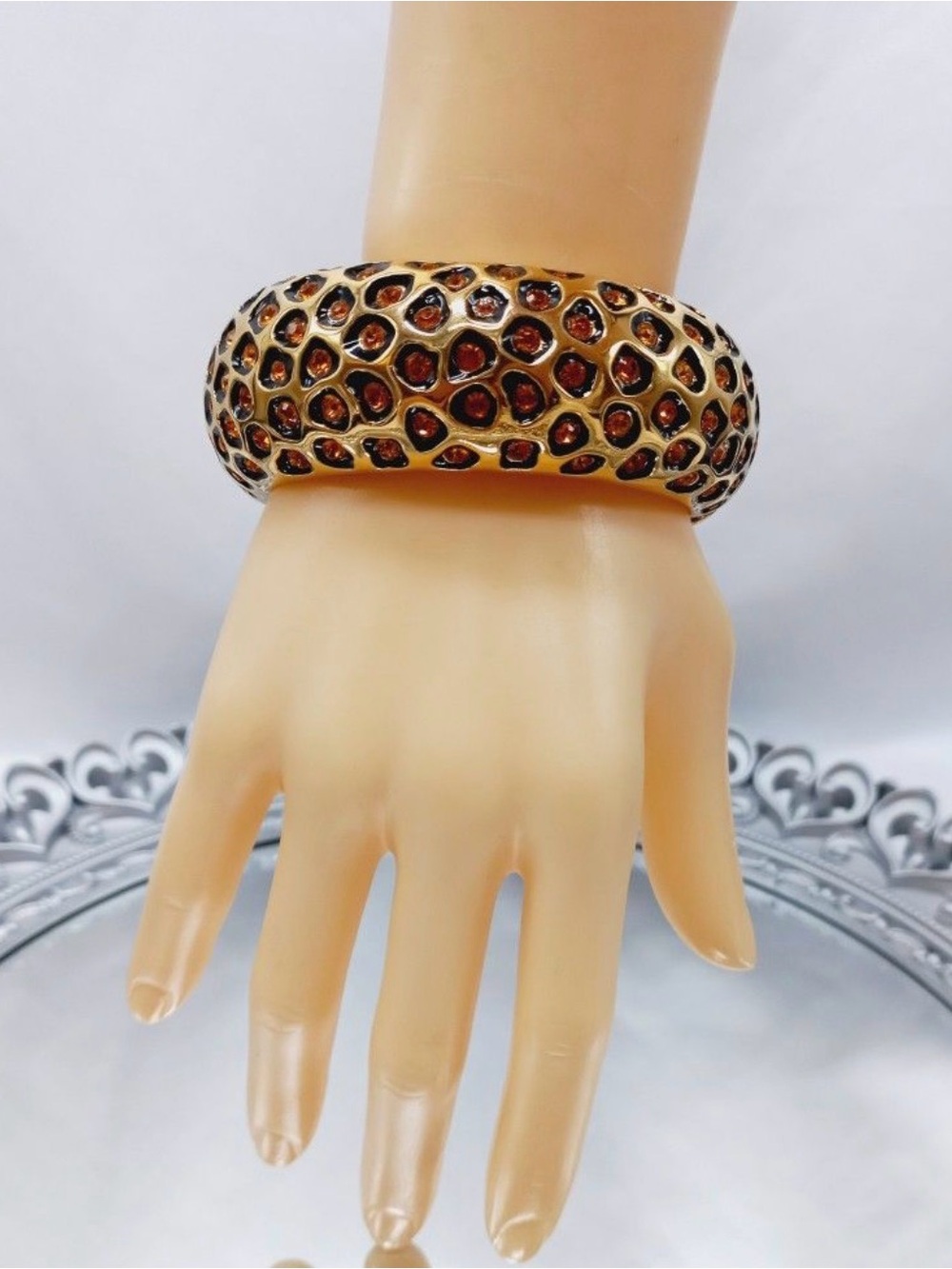 KJL Kenneth Jay Lane Leopard Enamel Crystal Chunky Hinged Cuff Bracelet